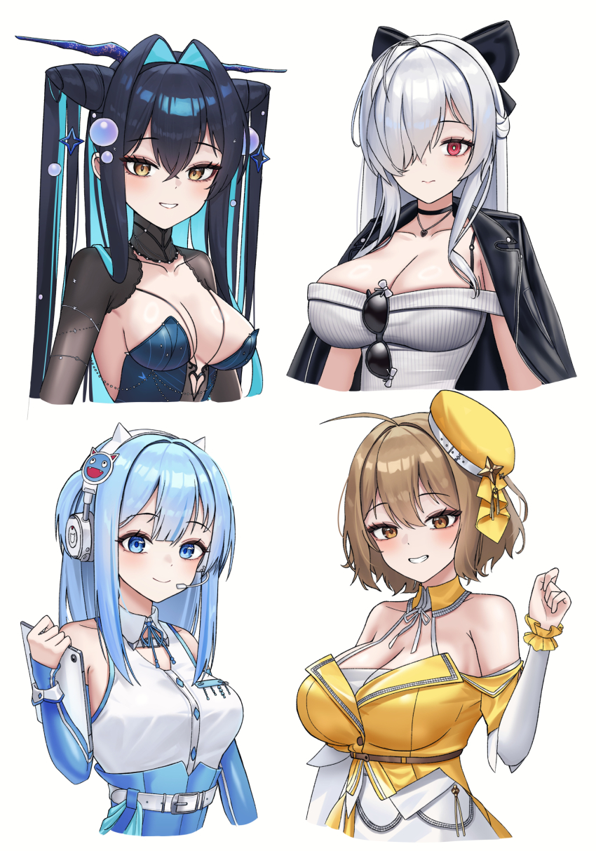 4girls ahoge animal_ear_headphones animal_ears anis_(nikke) aqua_hair black_hair black_jacket blonde_hair blue_eyes blue_hair blush breasts brown_hair bubble bubble_hair_ornament choker cinderella_(beautiful_me)_(nikke) cinderella_(nikke) cleavage colored_inner_hair cone_hair_bun coral dongtan_dress dress fake_animal_ears goddess_of_victory:_nikke grey_dress grey_hair hair_bun hair_intakes hair_ornament hair_over_one_eye hat headphones headset highres holding jacket jacket_on_shoulders jewelry large_breasts little_mermaid_(abyss_flower)_(nikke) little_mermaid_(nikke) long_hair looking_at_viewer medium_breasts meme_attire multicolored_hair multiple_girls official_alternate_costume open_mouth pearl_hair_ornament pillbox_hat red_eyes see-through_clothes see-through_dress shifty_(nikke) short_hair simple_background smile subob_(subobdesu) taut_clothes taut_dress twintails very_long_hair white_background wrist_cuffs yellow_eyes