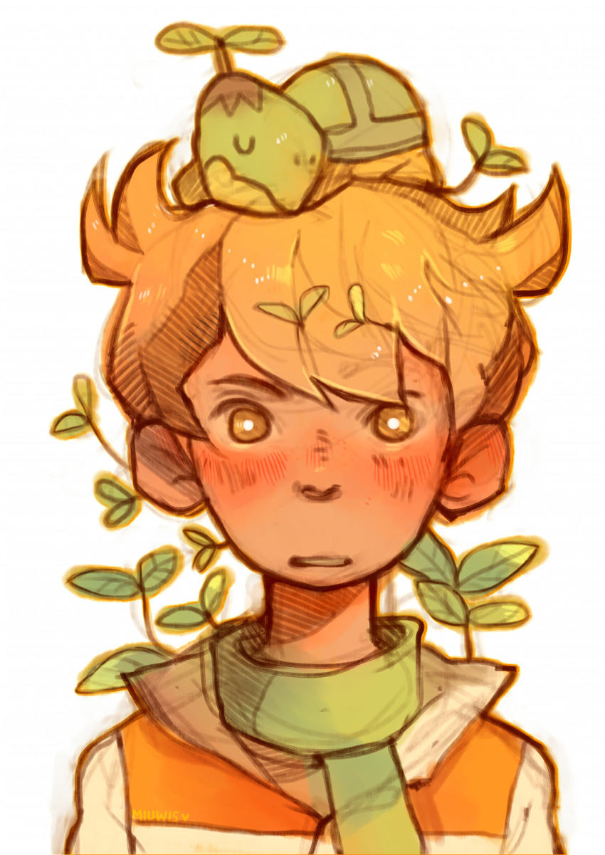 1boy barry_(pokemon) blonde_hair blush gen_4_pokemon green_scarf highres jacket looking_at_viewer miuwis nintendo plant plant_on_head pokemon pokemon_(creature) pokemon_dppt scarf striped_clothes striped_jacket turtwig white_background yellow_eyes