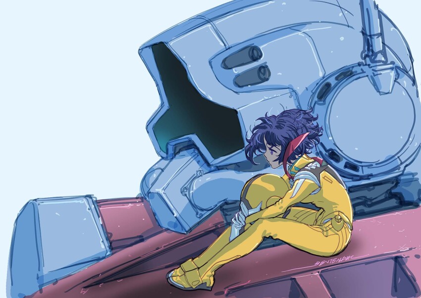 1girl assault_visor bodysuit commentary_request full_body gelgoog gelgoog_(gquuuuuux) gundam gundam_gquuuuuux helmet highres holding holding_helmet looking_to_the_side mecha mecha_pilot_suit mobile_suit necktie normal_suit_(gundam) purple_hair red_necktie robot science_fiction shiiko_sugai short_hair signature sitting solo unworn_headwear unworn_helmet wind yellow_bodysuit yonemura_kouichirou