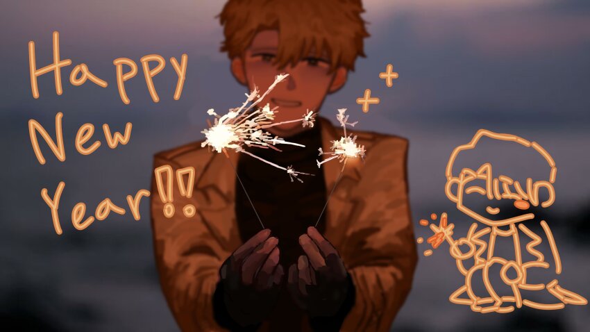1boy black_eyes black_gloves black_shirt blonde_hair blurry blurry_background coat curtained_hair doodle_inset fingerless_gloves fireworks gloves grin happy_new_year highres holding holding_fireworks kkoma94 lee_hakhyun male_focus new_year omniscient_reader&#039;s_viewpoint orange_coat shirt short_hair smile solo sparkle sparkler sparkling_eyes swept_bangs