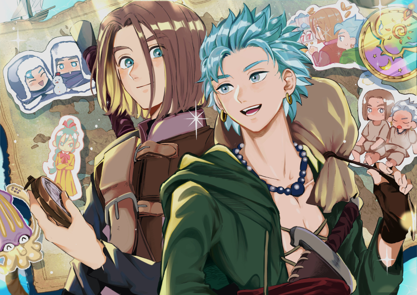 1girl 1other 2boys :d absurdres aqua_eyes bag bead_necklace beads blue_eyes blue_hair blush brother_and_sister brown_gloves brown_hair camus_(dq11) collarbone commentary_request couple dragon_quest dragon_quest_xi earrings fingerless_gloves gloves gold_earrings green_tunic hero_(dq11) highres holding holding_bag holding_compass hoop_earrings jewelry knife looking_at_another looking_to_the_side male_focus map maya_(dq11) medium_hair multiple_boys necklace open_mouth parted_hair red_sash sash sheath sheathed short_hair siblings slot_machine smile spiked_hair sweatdrop sword sword_on_back tentacular_(dragon_quest) tunic upper_body user_muvx7483 weapon weapon_on_back yaoi