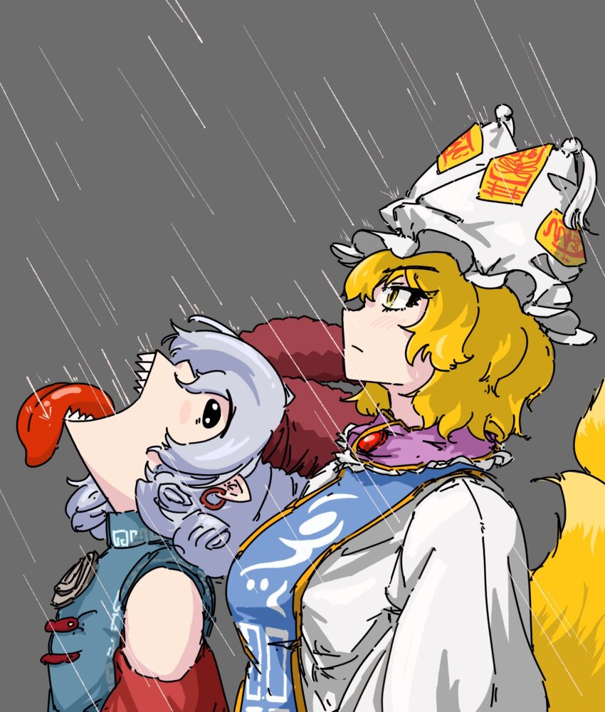 2girls animal_hat bare_shoulders blonde_hair blue_dress blue_tabard dress fox_tail goku_and_vegeta_in_the_rain_(meme) grey_hair hat highres horns kitsune koumakanbomb looking_up meme mob_cap multiple_girls multiple_tails rain red_horns red_sleeves sharp_teeth sheep_horns short_hair tabard tail teeth tongue tongue_out touhou toutetsu_yuuma turtleneck turtleneck_dress upper_body white_dress white_hat yakumo_ran yellow_eyes