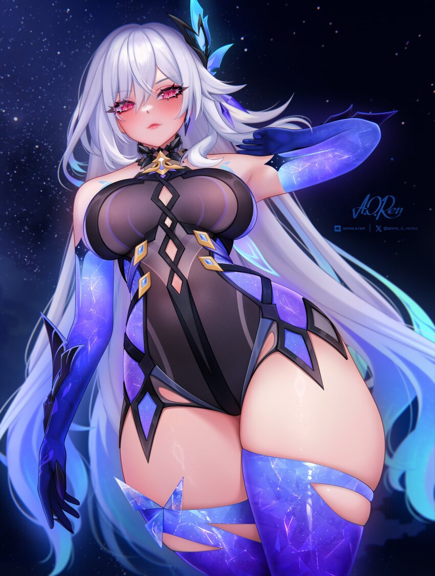 1girl absurdres anna_o_renko arm_up artist_name bare_shoulders blue_hair breasts closed_mouth commentary discord_logo discord_username genshin_impact hair_between_eyes hair_ornament highres large_breasts lips long_hair looking_at_viewer multicolored_hair prosthesis prosthetic_arm prosthetic_leg red_eyes skirk_(genshin_impact) solo star_(sky) starry_sky_background thick_thighs thighs twitter_username twitter_x_logo very_long_hair white_hair