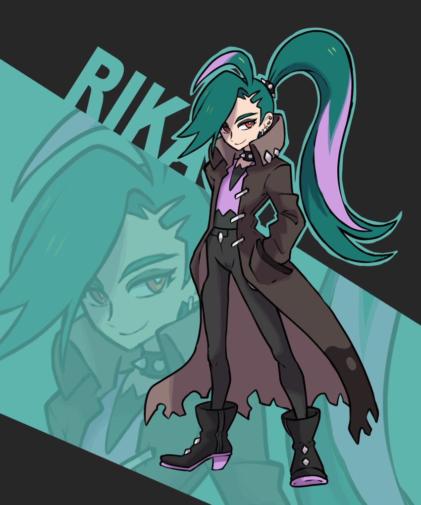 1girl absurdres alternate_costume androgynous black_boots black_choker black_pants boots brown_coat character_name choker closed_mouth coat commentary ear_piercing earrings english_commentary eyelashes flat_chest full_body green_hair green_outline hands_in_pockets high_heel_boots high_heels highres jewelry long_hair multicolored_hair nintendo open_clothes open_coat outline pants piercing pokemon pokemon_sv ponytail purple_hair red_eyes reverse_trap rgreywind rika_(pokemon) smile solo spiked_choker spikes standing streaked_hair