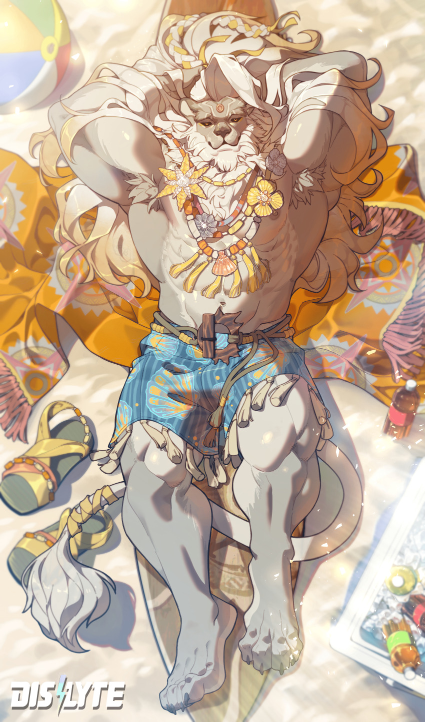1boy abs absurdres animal_ears armpit_hair armpits arms_behind_head ball bara barefoot beach beachball blue_shorts bottle braid claws closed_mouth cooler copyright_logo dislyte from_above furry furry_male highres incredibly_absurdres javid_(shamash)_(dislyte) javid_(shamash)_(ventus_waltz)_(dislyte) lion_boy lion_ears lion_mane lion_tail looking_at_viewer lying male_focus merchandise_available muscular muscular_male navel nipples official_alternate_costume official_art on_back pectorals rayoriens sand sandals shorts smile soda surfboard tail topless_male unworn_sandals