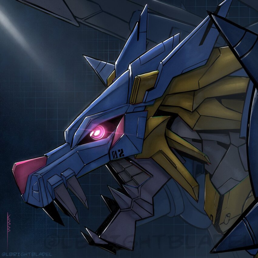 cyborg digimon digimon_(creature) glowing glowing_eyes highres metalgarurumon metalgarurumon_x-antibody pink_eyes sharp_teeth solo teeth