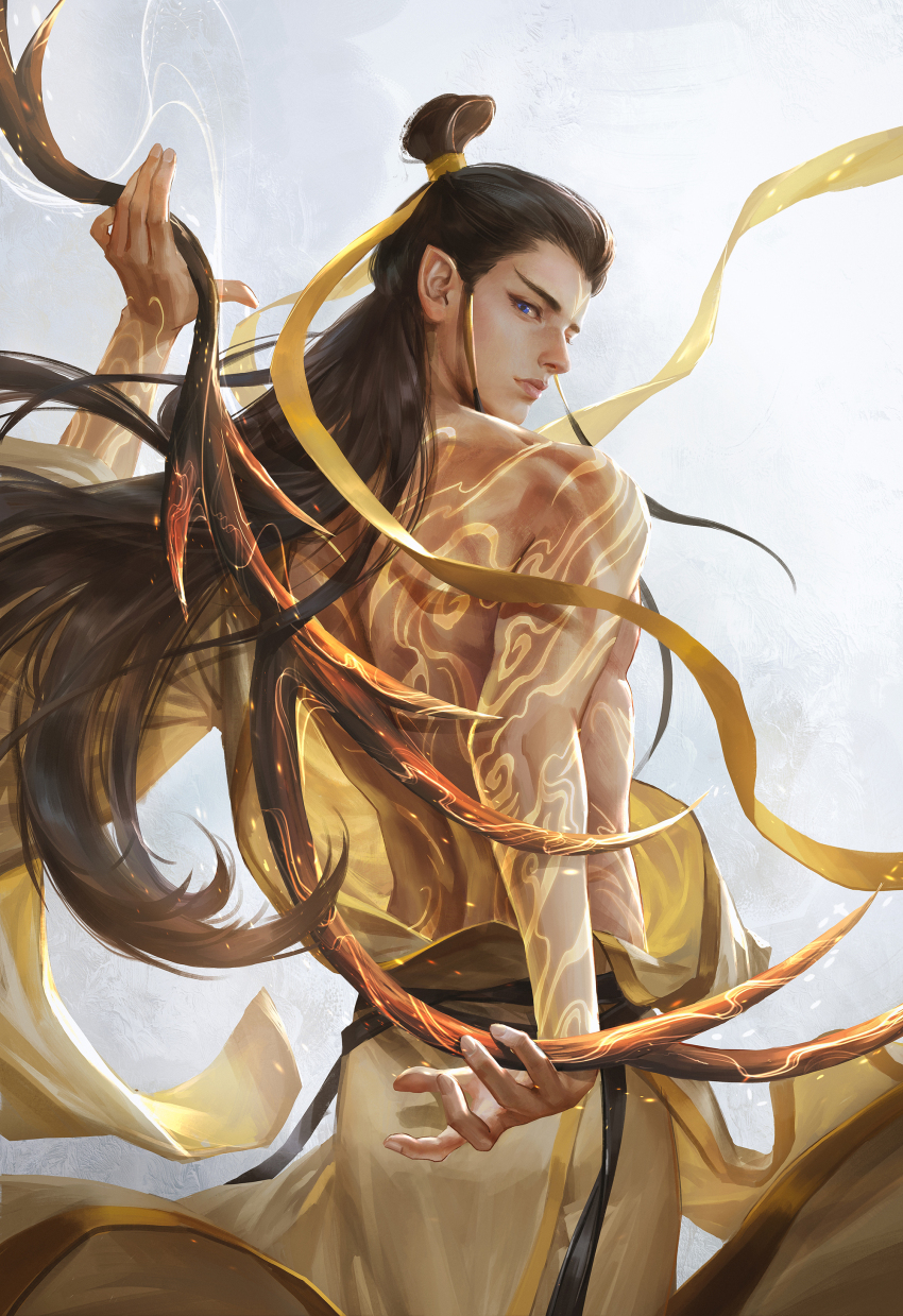 1boy absurdres blue_eyes body_markings bow_(weapon) brown_hair chinese_clothes chinese_commentary closed_mouth cowboy_shot facial_mark forehead_mark from_behind hair_ribbon hanfu highres holding holding_bow_(weapon) holding_weapon kdash long_hair looking_at_viewer looking_back low-tied_sidelocks lutong_(nezha_zhi_motong_jiangshi) male_focus nezha_zhi_motong_jiangshi pointy_ears ribbon sidelocks solo standing toned toned_male topknot topless_male weapon yellow_hanfu yellow_ribbon
