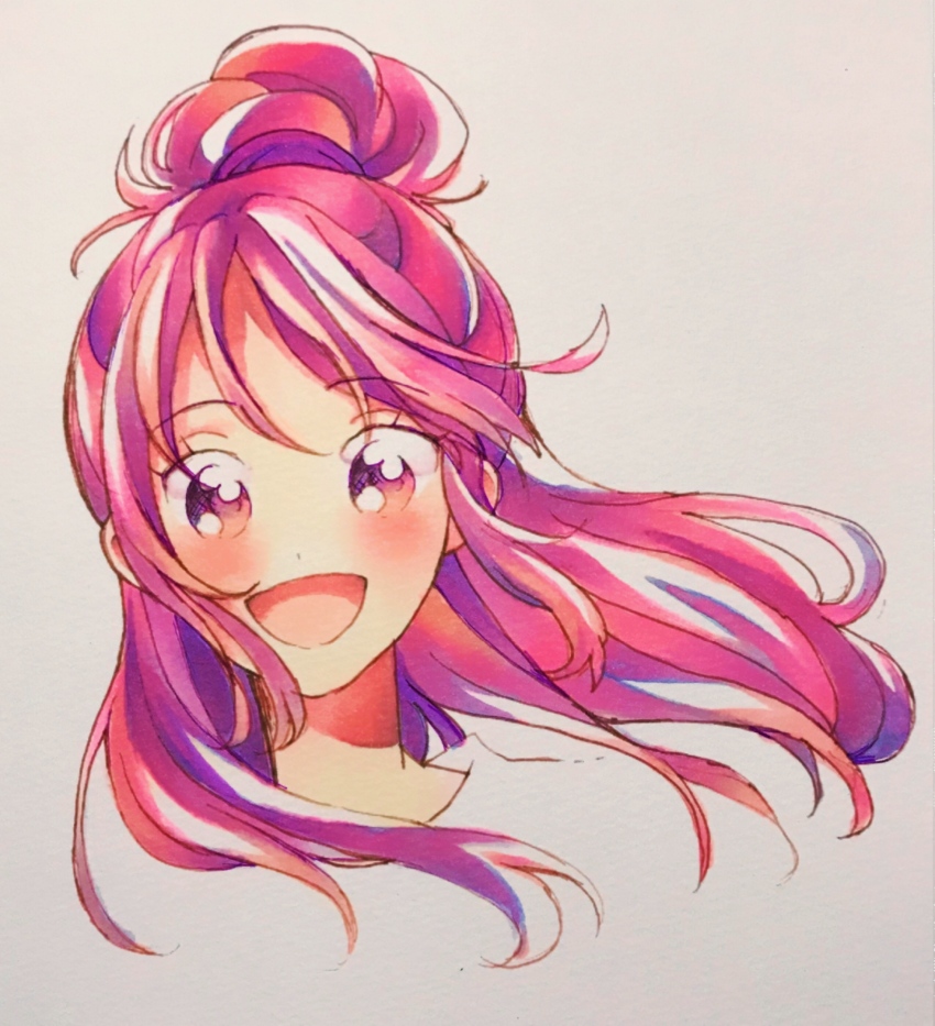 1girl absurdres aida_mana blush cropped_shoulders dokidoki!_precure dot_nose eyelashes hair_bun half_updo happy highres long_hair looking_at_viewer marker_(medium) nachuchoco open_mouth parted_bangs pink_hair precure purple_eyes single_hair_bun smile solo traditional_media wind
