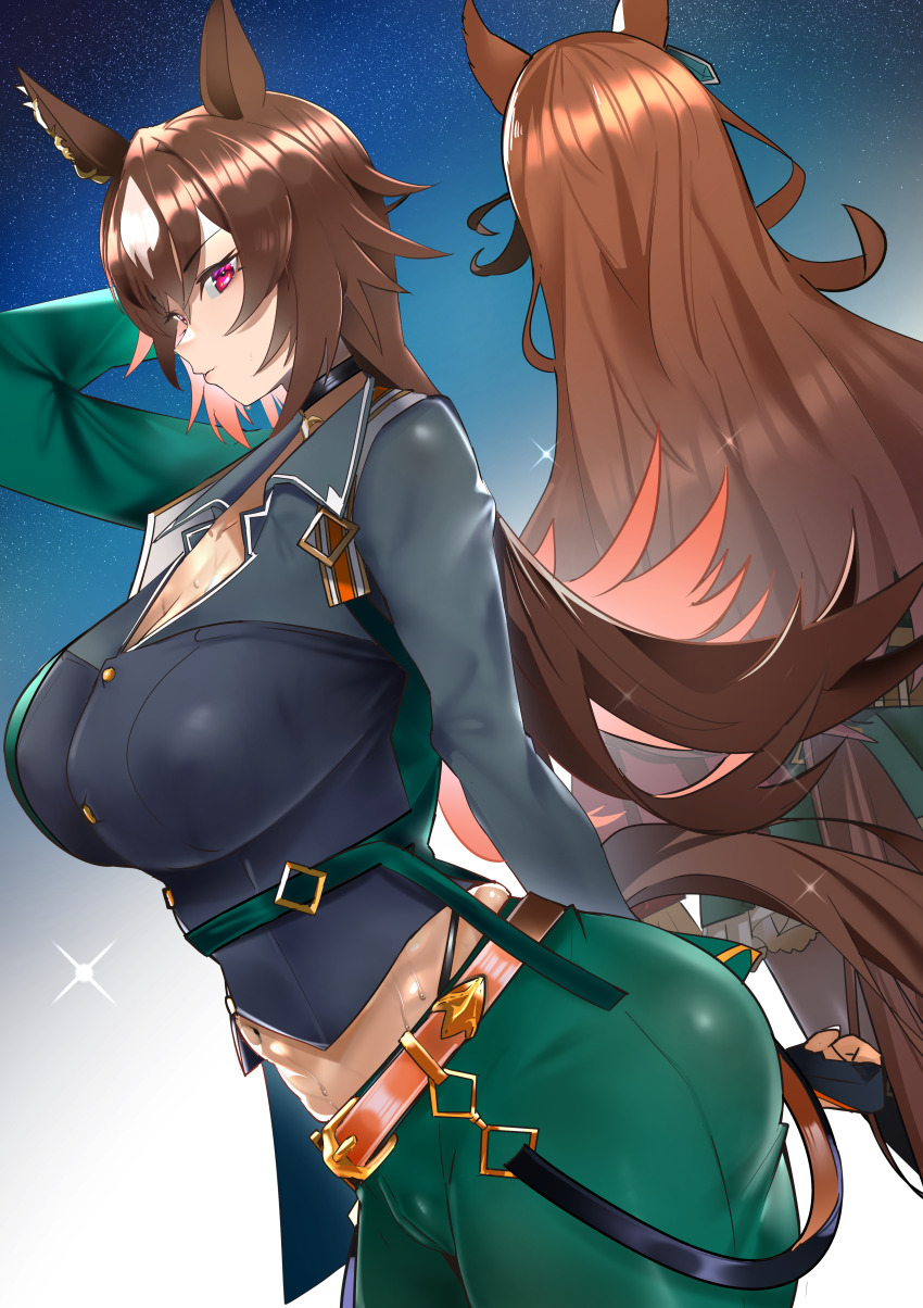 2girls absurdres animal_ears arm_behind_back arm_up belt black_choker breasts brown_belt brown_hair choker cleavage closed_mouth collared_shirt commentary_request dutch_angle ear_ornament earrings from_behind gradient_background green_jacket hair_between_eyes harness highres horse_ears horse_girl horse_tail huge_breasts jacket jewelry jitome_no_tsugumi large_breasts long_hair long_sleeves multicolored_hair multiple_girls navel pendant_choker red_eyes shirt single_earring sirius_symboli_(umamusume) solo_focus sparkle stomach streaked_hair sweat symboli_rudolf_(umamusume) tail umamusume white_hair