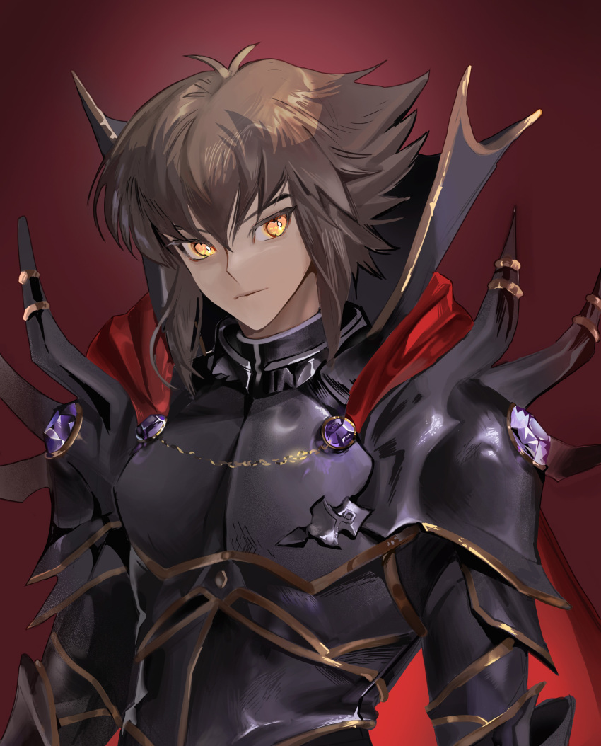 1boy absurdres ahoge alternate_form arm_armor armor armored_gloves black_armor breastplate brown_hair cape collared_cape dark_persona dual_persona facing_to_the_side gauntlets gem hair_slicked_back highres long_bangs looking_to_the_side male_focus nly_yyy popped_collar purple_gemstone red_cape shoulder_pads shoulder_spikes smile spiked_armor spikes supreme_king_(yu-gi-oh!_gx) upper_body yellow_eyes yellow_trim yu-gi-oh! yu-gi-oh!_gx