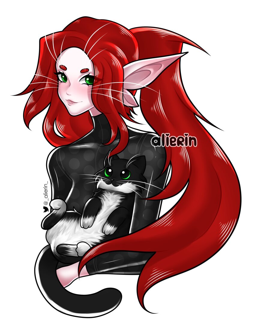 1girl absurdres alien alierin animal artist_name cat cropped_torso green_eyes high_ponytail highres holding holding_animal holding_cat lips long_hair looking_at_viewer maxwell_the_cat pointy_ears ponytail red_hair signature simple_background thick_eyebrows tuxedo_cat twitter_username voices_of_the_void whiskers white_background