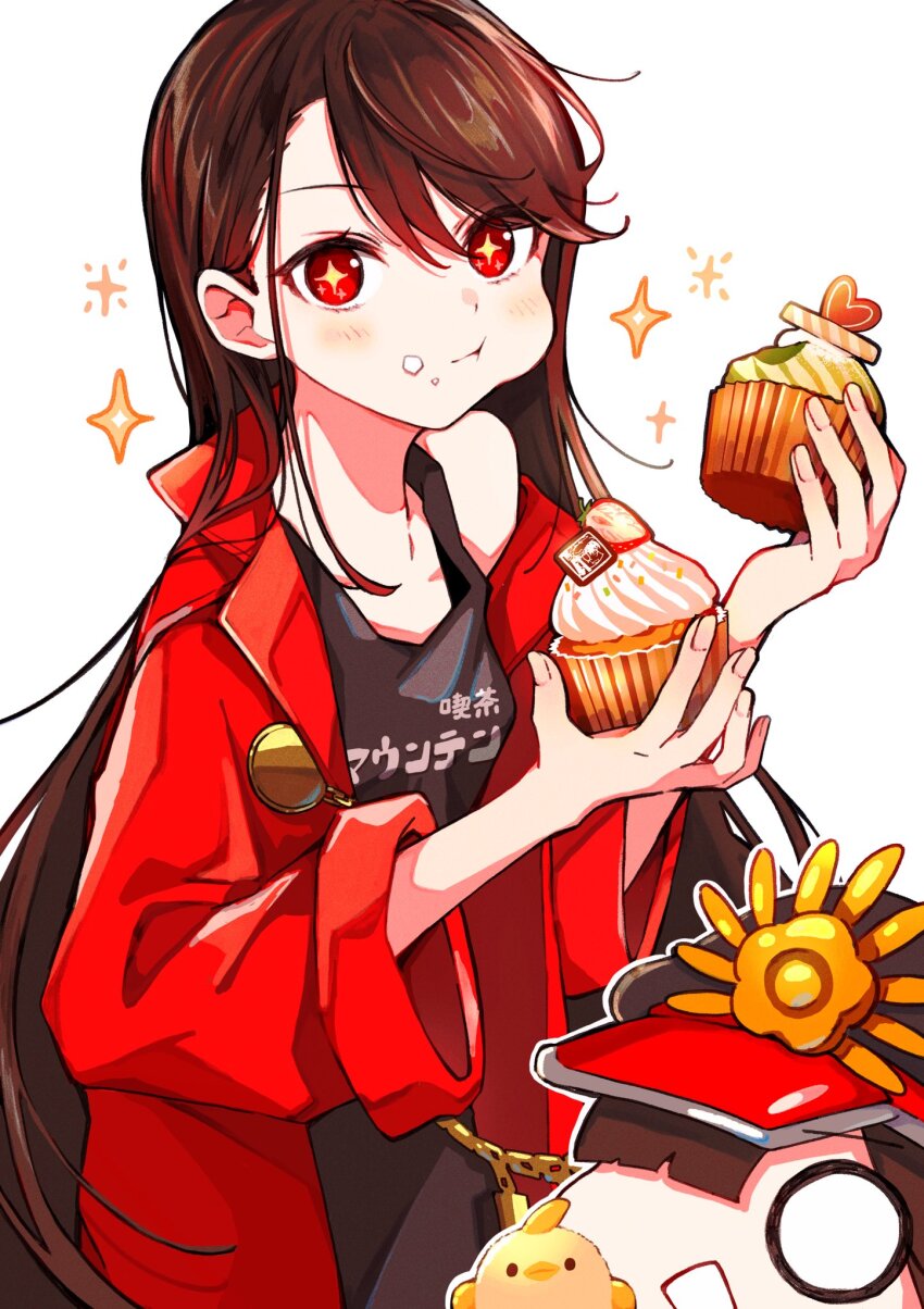 +_+ alternate_costume bare_shoulders black_hair black_hat black_shirt brown_hair candle cupcake eating food hat highres jacket long_hair mini_nobu_(fate) oda_nobunaga_(fate) red_eyes red_jacket shirt star_(symbol) star_in_eye symbol_in_eye very_long_hair yui_(tamagohan)