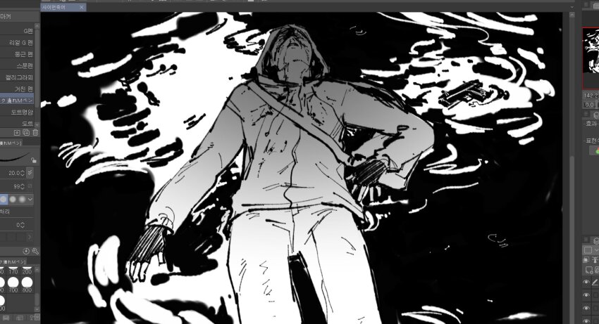 1boy art_program_in_frame bag black_gloves blood blood_from_forehead blood_on_clothes blood_on_face blood_splatter closed_eyes cowboy_shot cry_of_fear feet_out_of_frame fingerless_gloves floating gloves greyscale gun handgun highres hole_in_head hood hood_up implied_death implied_suicide lying monochrome on_back shoulder_bag simon_henriksson solo spread_fingers thonny222 water weapon white_hood