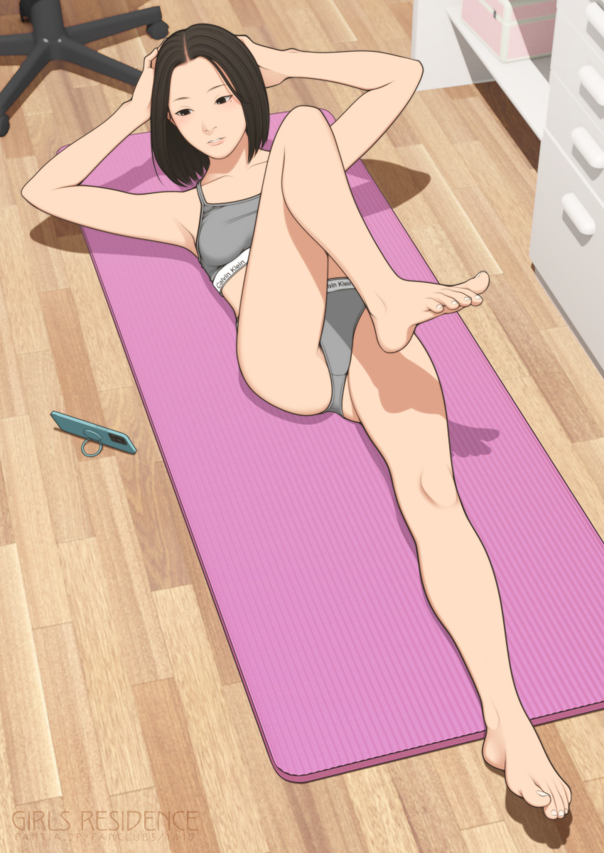 1girl absurdres asian black_hair breasts brown_eyes cellphone commentary_request crotch_seam exercising full_body grey_panties grey_sports_bra highres medium_hair original panties phone shinchou_ni_kansuru_kousatsu small_breasts smartphone solo sports_bra sports_panties underwear wooden_floor yoga_mat