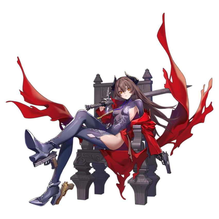 1girl :/ ankle_gun armpit_cutout artist_request asymmetrical_dual_wielding black_gloves black_horns black_leotard bodysuit breasts brown_hair center_opening closed_mouth clothing_cutout coat cross cross_necklace crossed_legs cz_75 demon_horns dual_wielding floral_print full_body girls&#039;_frontline gloves golden_gun gun hair_between_eyes half_gloves halloween handgun high_heels highres holding holding_gun holding_sword holding_weapon horns jewelry leotard long_hair long_sleeves looking_at_viewer medium_breasts necklace nz75_(girls&#039;_frontline) nz75_(nightstalker_beneath_the_crimson_moon)_(girls&#039;_frontline) official_alternate_costume official_art print_bodysuit purple_bodysuit purple_shoes red_coat rose_print shoe_soles shoes sideboob simple_background single_off_shoulder sitting solo sword thigh_cutout third-party_source throne torn_clothes torn_coat transparent_background turtleneck turtleneck_bodysuit v-shaped_eyebrows very_long_hair weapon weapon_request yellow_eyes