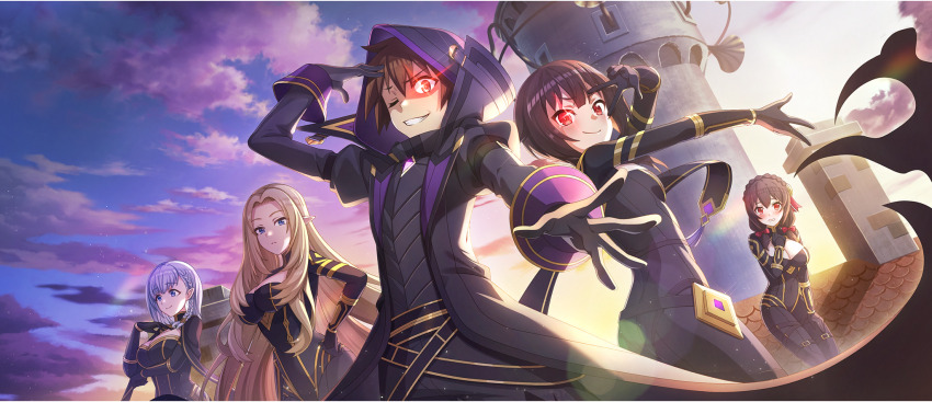 1boy 4girls alpha_(kage_no_jitsuryokusha_ni_naritakute!) alpha_(kage_no_jitsuryokusha_ni_naritakute!)_(cosplay) arm_under_breasts back-to-back belt beta_(kage_no_jitsuryokusha_ni_naritakute!) beta_(kage_no_jitsuryokusha_ni_naritakute!)_(cosplay) black_belt black_bodysuit black_coat black_gloves black_hood black_pants blonde_hair blue_eyes blush bodysuit bow braid braided_sidelock breasts brown_hair chimney chuunibyou cleavage cleavage_cutout closed_mouth clothing_cutout cloud cloudy_sky coat cosplay crossed_belts crossover crown_braid elf evil_grin evil_smile expressionless from_below game_cg gem gloves glowing glowing_eye gold_trim green_eyes grey_hair grin hair_behind_ear hair_between_eyes hair_bow hair_over_shoulder hand_on_own_chest hand_on_own_hip hand_over_eye hand_up high_collar highres hood hood_up kage_no_jitsuryokusha_ni_naritakute! kono_subarashii_sekai_ni_shukufuku_wo! konosuba!_fantastic_days large_breasts long_coat long_hair long_sidelocks looking_ahead looking_at_viewer looking_down low_twintails matching_outfits medium_hair megumin mole mole_under_eye multiple_belts multiple_girls official_art on_roof one_eye_closed open_clothes open_coat outdoors outstretched_arm pants parted_bangs pointy_ears purple_gemstone red_bow red_eyes satou_kazuma shade shaded_face shadow_(cid_kagenou) shadow_(cid_kagenou)_(cosplay) short_hair short_hair_with_long_locks sidelocks sky small_breasts smile smirk standing standing_on_roof sunlight sunrise thigh_belt thigh_strap tile_roof tower twintails very_long_hair w w_over_eye yunyun_(konosuba)