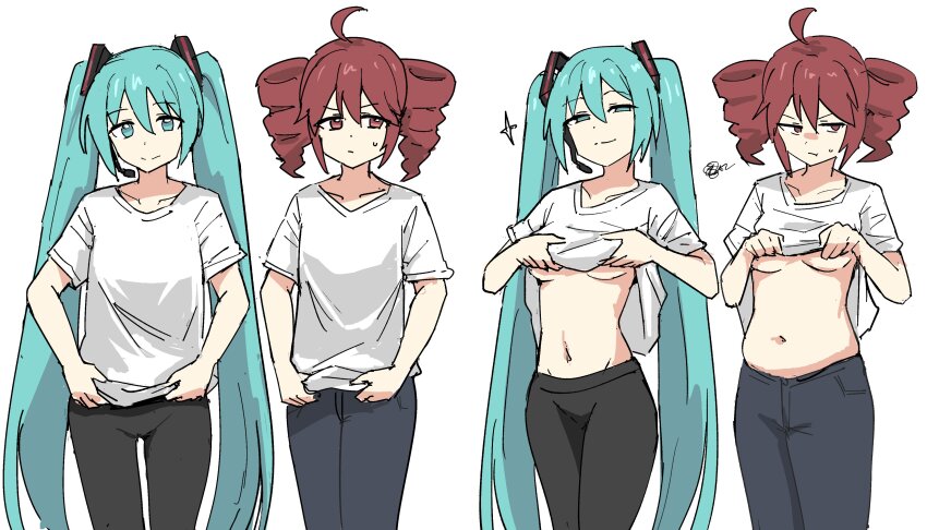 2girls absurdres aqua_hair black_pants breasts clothes_lift drill_hair hatsune_miku highres kasane_teto multiple_girls navel pants red_hair shirt shirt_lift t-shirt tenten_(chan4545) twin_drills twintails underboob utau vocaloid white_shirt