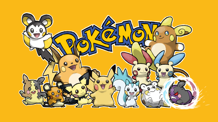 :&gt; :3 :d alolan_form alolan_raichu animal_focus arms_up aura_wheel_(pokemon) blacknirrow blue_eyes closed_mouth copyright_logo copyright_name dedenne dot_nose emolga floating flying game_freak gen_1_pokemon gen_2_pokemon gen_3_pokemon gen_4_pokemon gen_5_pokemon gen_6_pokemon gen_7_pokemon gen_8_pokemon highres holding_own_tail minun minus_sign mixed-language_commentary morpeko morpeko_(full) morpeko_(hangry) nintendo no_humans open_mouth outline pachirisu pichu pikachu plus_sign plusle pokemon pokemon_(creature) pokemon_focus pokemon_move raichu red_eyes simple_background smile standing standing_on_one_leg tail teeth trait_connection upper_teeth_only waving white_outline yellow_background