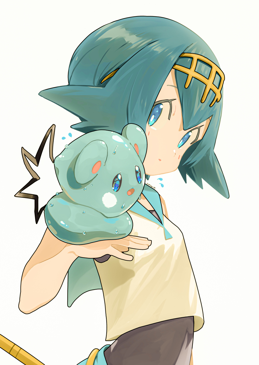 1girl absurdres aqua_hair azurill blue_eyes bright_pupils clip_studio_paint_(medium) closed_mouth collared_shirt commentary_request eudetenis fishing_rod game_freak gen_3_pokemon hairband highres lana_(pokemon) looking_to_the_side nintendo no_sclera pants pokemon pokemon_(creature) pokemon_on_arm pokemon_sm shirt short_hair simple_background swimsuit swimsuit_under_clothes white_background white_pupils white_shirt yellow_hairband