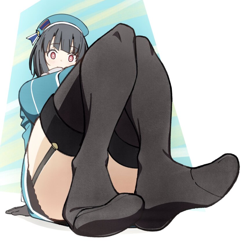 1girl beret black_gloves black_hair black_thighhighs blue_hat blue_jacket blush breasts closed_mouth from_below garter_straps gloves hat highres jacket kamotsu kantai_collection large_breasts looking_at_viewer military military_uniform no_shoes red_eyes short_hair simple_background sitting solo takao_(kancolle) thighhighs