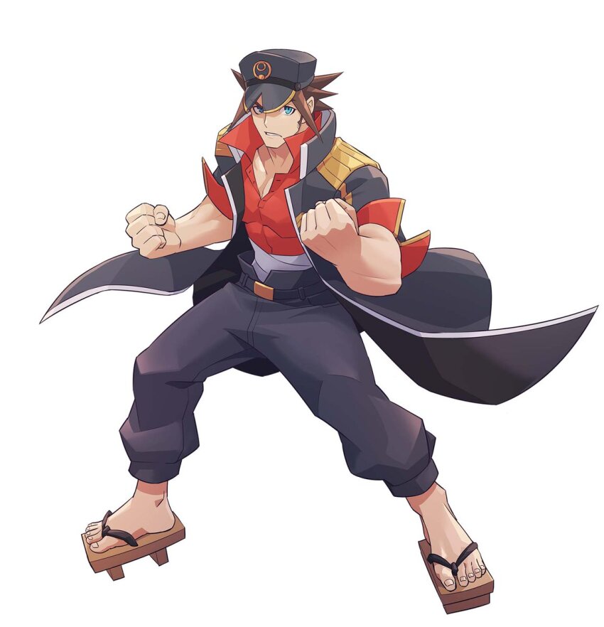 1boy azure_striker_gunvolt azure_striker_gunvolt_3 black_coat black_hat black_pants brown_hair camion_(gunvolt) coat full_body geta hat highres male_focus official_art pants red_shirt shirt simple_background solo spiked_hair white_background