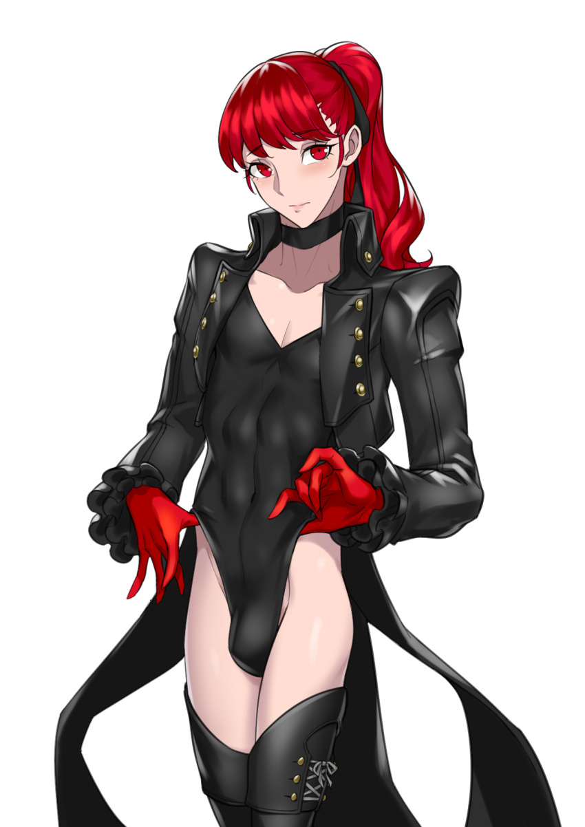 1boy adjusting_clothes adjusting_leotard black_footwear black_jacket black_leotard boots bulge choker closed_mouth coattails cropped_legs crossdressing crossdressing_(mtf) frown genderswap genderswap_(ftm) gloves highres jacket leotard looking_at_viewer nervous no_mask p.maker persona persona_5 ponytail red_eyes red_gloves red_hair simple_background standing thigh_boots toned toned_male trap violet_(persona_5) white_background yoshizawa_kasumi