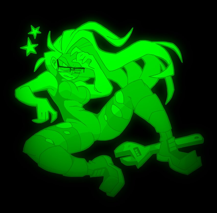 1girl absurdres awaria ghost glasses highres impossible_clothes long_hair one_eye_closed sitting sleeveless solo vanripper wrench zofia_zmora