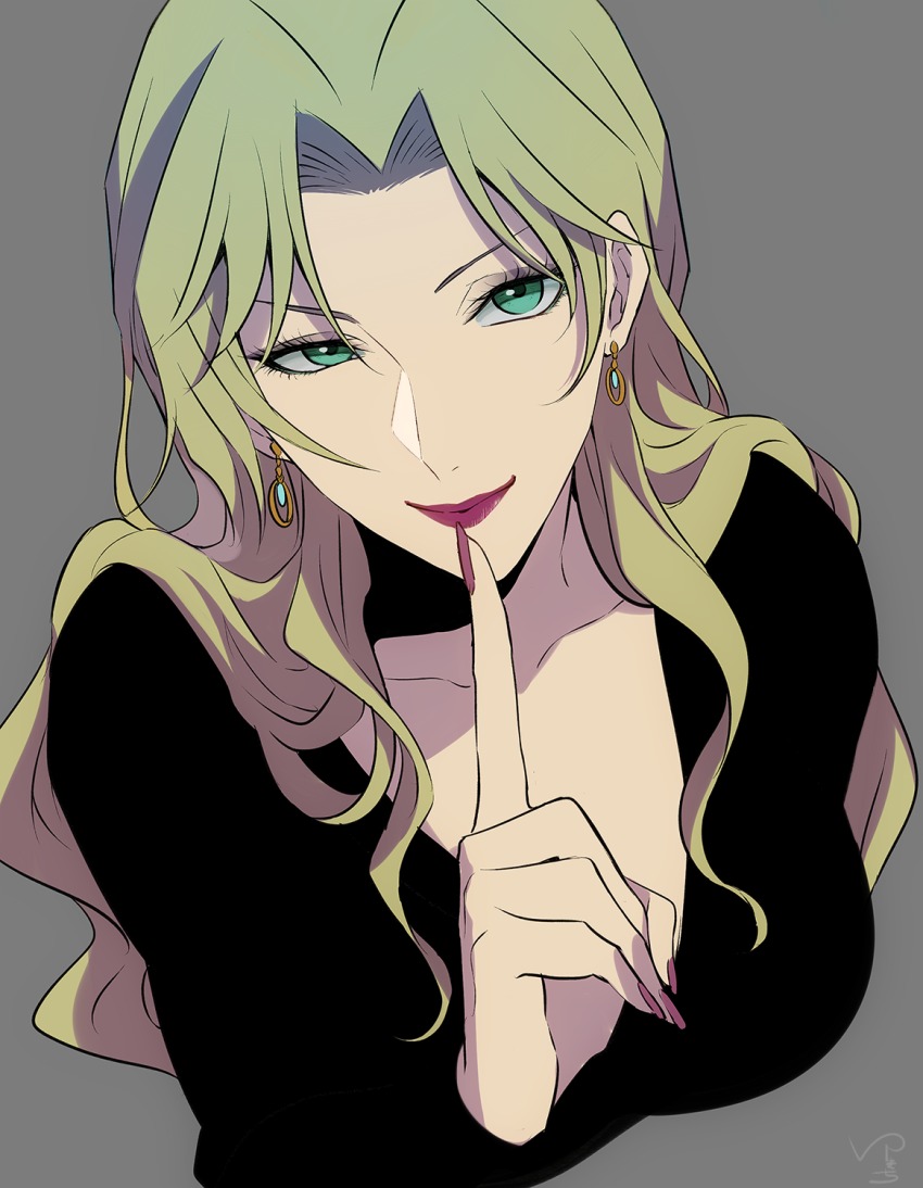 1girl bad_id bad_pixiv_id black_shirt blonde_hair breasts closed_mouth collarbone earrings eyelashes female_focus finger_to_mouth fingernails green_eyes grey_background highres index_finger_raised jewelry long_fingernails long_hair long_sleeves looking_at_viewer medium_breasts meitantei_conan nail_polish parted_lips red_nails shirt shushing simple_background smile solo upper_body vermouth_(meitantei_conan) yukin_(es)