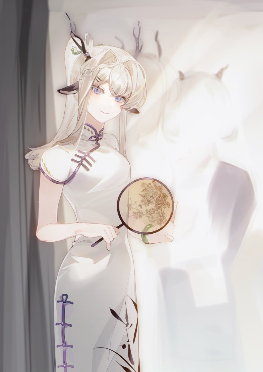 2girls absurdres alina_(arknights) alternate_costume animal_ears antler_ring antlers arknights blue_eyes bracelet braid china_dress chinese_clothes closed_mouth deer_antlers deer_ears deer_tail dress eyebrows_hidden_by_hair female_pov hair_intakes hand_fan highres holding holding_fan horns indoors jewelry long_hair mirror multiple_girls ponytail pov reflection short_sleeves sidelocks silver_hair smile solo_focus tail talulah_(arknights) white_dress zhongzhuangnao