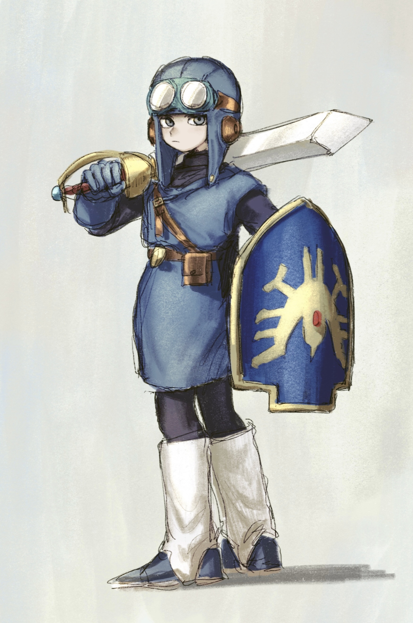 1boy absurdres asymmetrical_dual_wielding aviator_cap belt black_bodysuit blue_eyes blue_gloves blue_hat blue_shoes blue_tunic bodysuit brown_belt commentary_request dragon_quest dragon_quest_ii dual_wielding erdrick&#039;s_shield gloves goggles goggles_on_headwear hat highres holding holding_shield holding_sword holding_weapon leg_warmers looking_at_viewer male_focus nogo_(nogo_059) prince_of_lorasia roto&#039;s_emblem shield shoes solo sword tunic weapon white_background white_leg_warmers