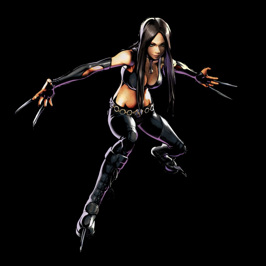 10s 1girl 3d absurdres belt black_hair boots capcom choker claws halterneck halterneck highres jewelry marvel marvel_vs._capcom marvel_vs._capcom_3 mori_toshiaki necklace official_art tank_top x-23 x-men