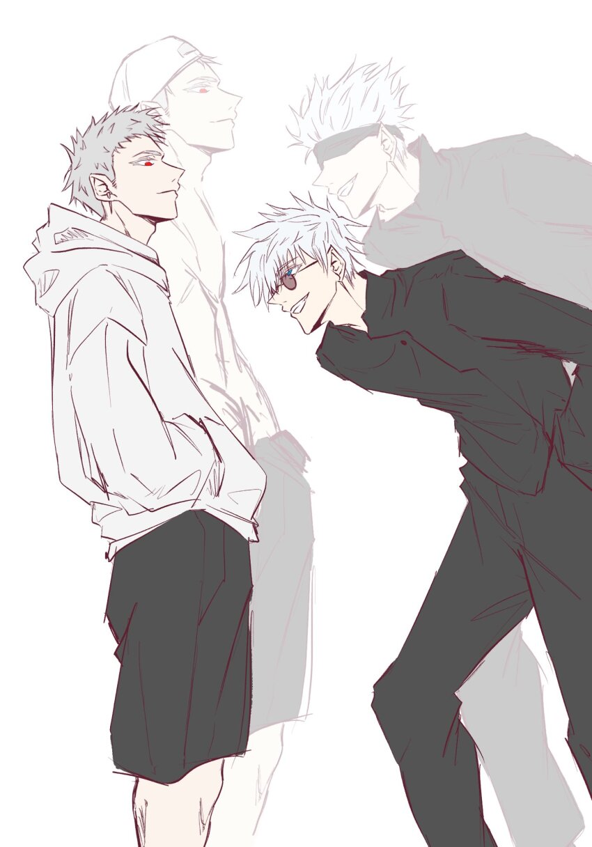 2boys black_shorts blindfold blue_eyes colored_eyelashes commentary_request earrings gojou_satoru gold_earrings grey_hair hands_in_pockets hat highres hood hoodie jewelry jujutsu_kaisen jujutsu_tech_uniform looking_at_another male_focus multiple_boys original red_eyes sanasanase short_hair shorts sketch smile spiked_hair sunglasses teeth topless_male tower_of_god translation_request urek_mazino white_background white_hair white_hat white_hoodie