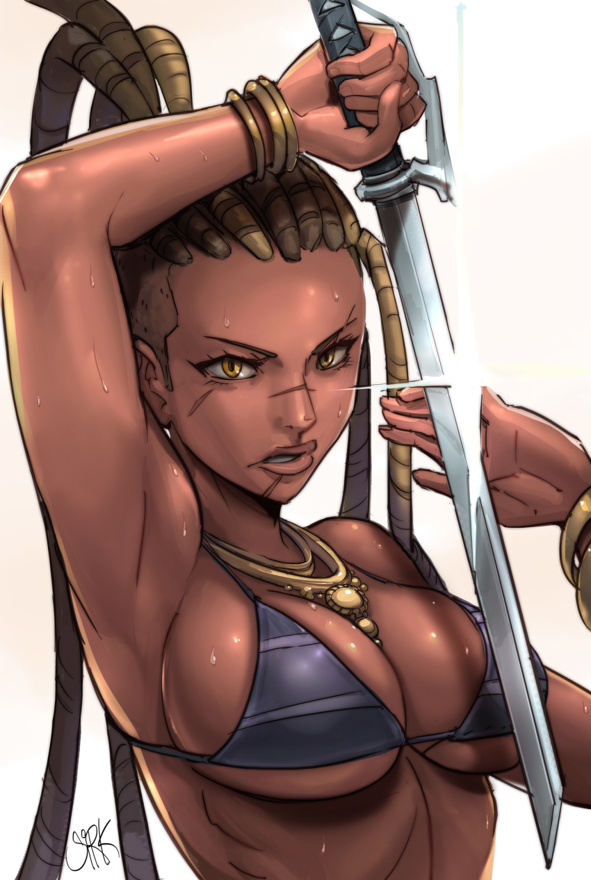 1girl arm_up armpits bikini bikini_top_only black_bikini bracelet breasts brown_hair cleavage dark-skinned_female dark_skin dreadlocks female_focus fighting_stance highres holding holding_sword holding_weapon jewelry kewminus large_breasts lens_flare lips long_hair looking_at_viewer master_raven namco ninjatou nose scar short_sword solo sweat swimsuit sword tekken tekken_7 underboob upper_body very_dark_skin weapon yellow_eyes