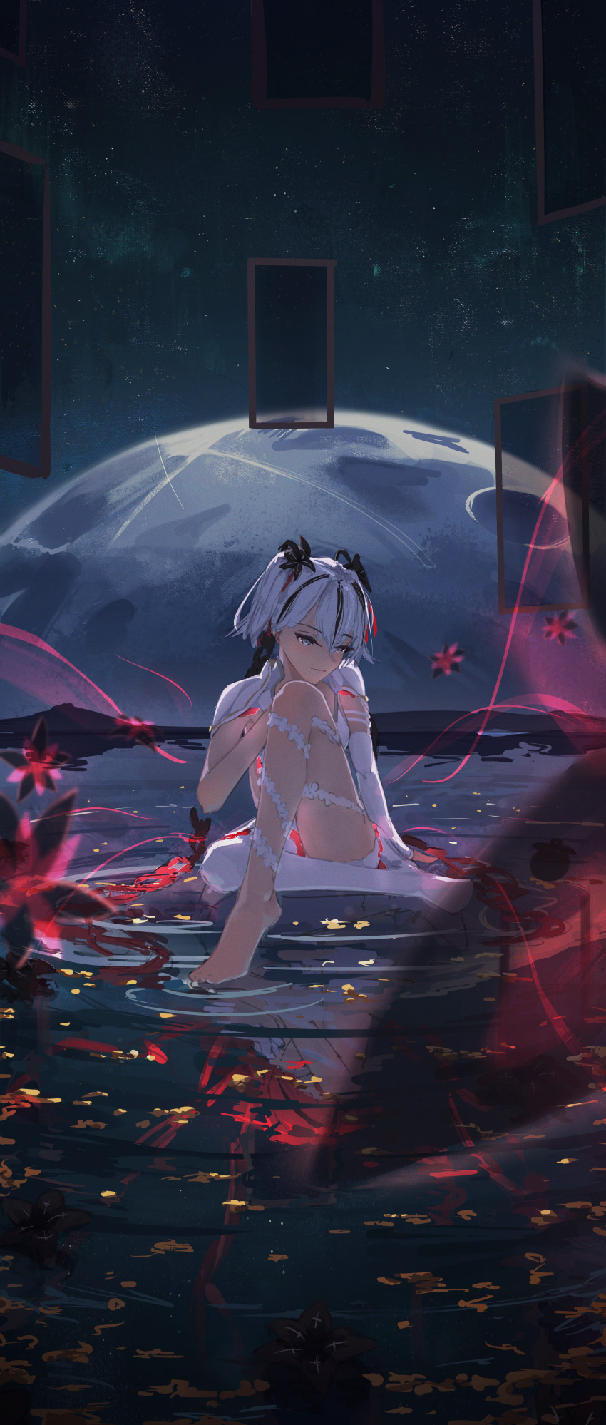 1girl absurdres black_eyes black_flower blake_bloom_(wuthering_waves) camellya_(wuthering_waves) closed_mouth commentary different_reflection doorway eien_001 flower hair_flower hair_ornament hair_vines highres knee_up light_smile looking_at_viewer reflection ripples short_hair sitting sitting_on_liquid solo water white_hair wide_shot wuthering_waves