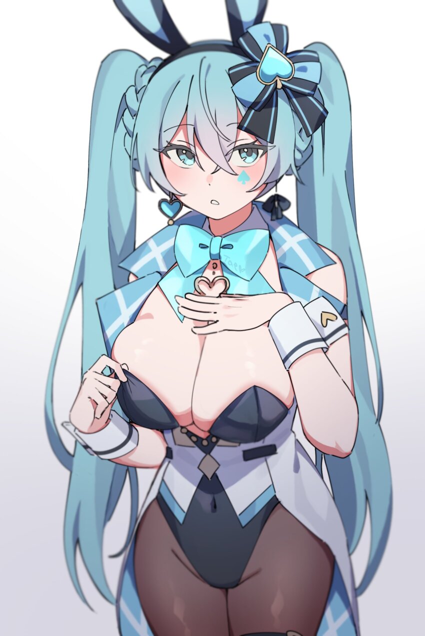 1girl absurdres animal_ears aqua_eyes aqua_hair bare_shoulders black_hairband black_leotard black_survival bow bowtie breasts brown_pantyhose cleavage covered_navel cowboy_shot detached_collar earrings emma_hardy eternal_return:_black_survival fake_animal_ears hair_bow hairband hand_on_own_chest heart highleg highleg_leotard highres jewelry large_breasts leotard leotard_pull long_hair looking_at_viewer official_alternate_costume pantyhose parted_lips playboy_bunny pulling_own_clothes rabbit_ears solo standing strapless strapless_leotard taenyaki tailcoat twintails very_long_hair vest white_vest wing_collar wrist_cuffs