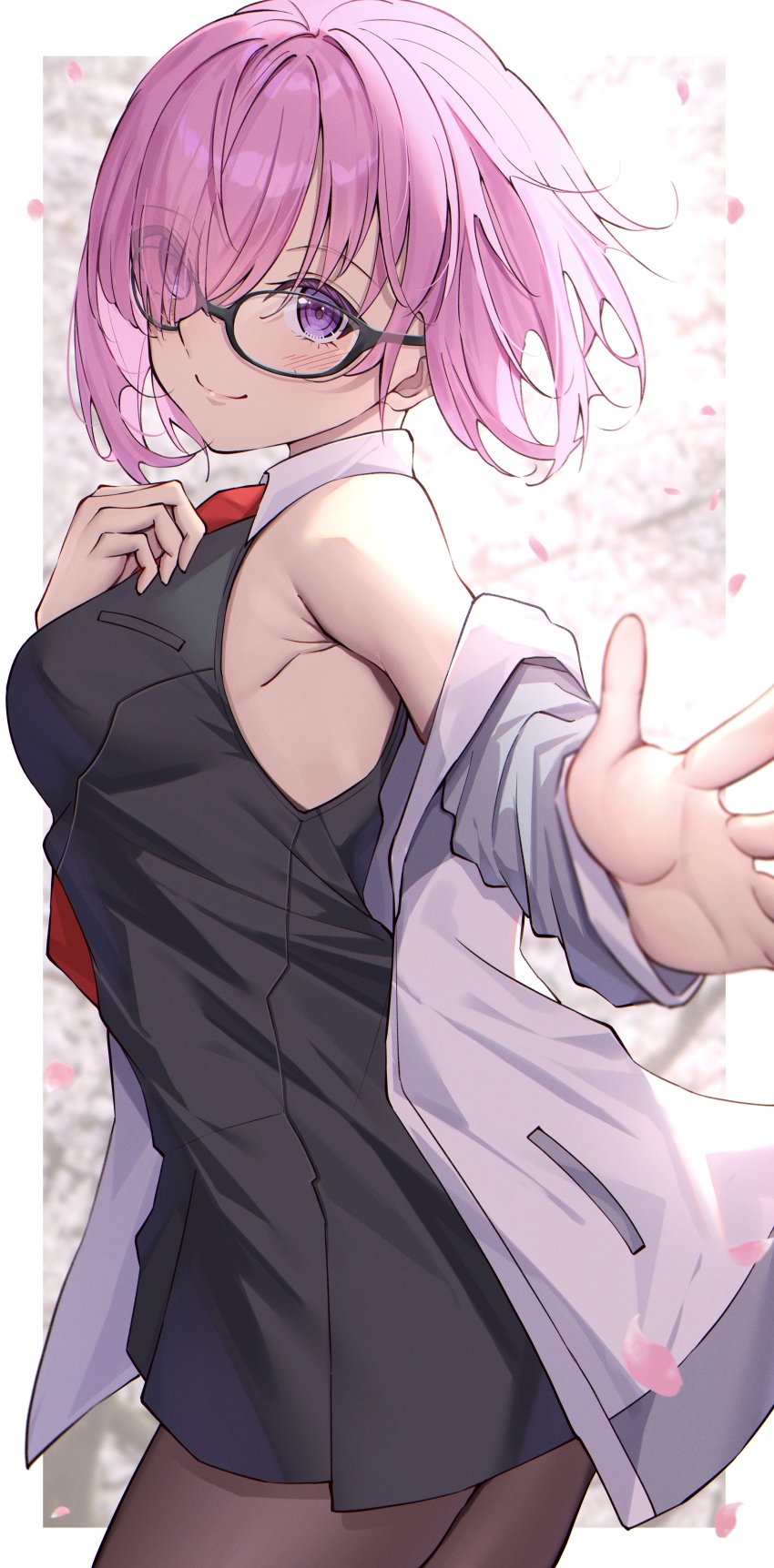 1girl absurdres armpits bare_shoulders black-framed_eyewear black_dress black_pantyhose blush border breasts closed_mouth dress fate/grand_order fate_(series) floating_hair glasses grey_jacket hair_over_one_eye highres hood hood_down hooded_jacket jacket mash_kyrielight medium_breasts multicolored_jacket necktie off_shoulder outside_border pantyhose petals pink_hair pocket purple_eyes reaching reaching_towards_viewer red_necktie short_hair sleeveless sleeveless_dress smile solo toukan two-tone_jacket white_border white_jacket