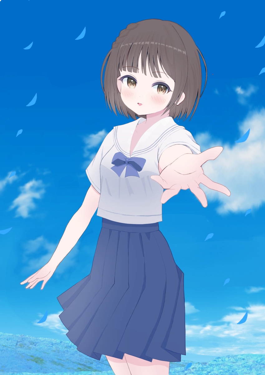1girl absurdres blue_reflection_(series) blue_reflection_ray blush bow bowtie braid brown_eyes brown_hair commentary_request commission day highres hirahara_hiori looking_at_viewer mikoko1 open_mouth pleated_skirt reaching reaching_towards_viewer school_uniform serafuku short_hair short_sleeves skeb_commission skirt sky smile solo