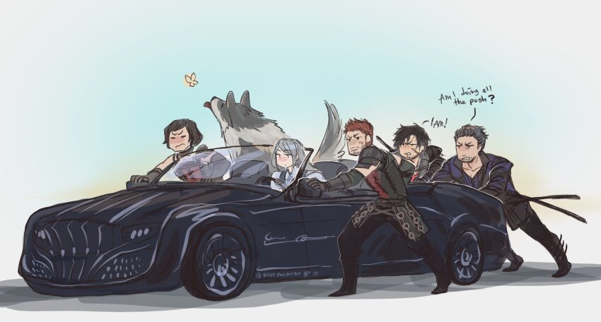 1girl 4boys armor beard black_hair brown_hair bug butterfly car cidolfus_telamon clive_rosfield english_text facial_hair final_fantasy final_fantasy_xv final_fantasy_xvi grey_hair highres insect jill_warrick mintfoxmimi motor_vehicle multiple_boys pushing regalia_(final_fantasy) sir_wade_(ff16) tongue tongue_out torgal_(ff16) wolf
