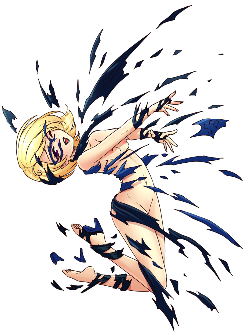 1girl :d bad_tag barefoot black_lips blonde_hair breasts domino_mask exploding_clothes from_side god_tier_(homestuck) high_heels highres homestuck looking_at_viewer mask navel nipples one_eye_closed open_mouth pink_eyes roxy_lalonde short_hair skechplezures small_breasts smile torn_clothes transparent_background undressing