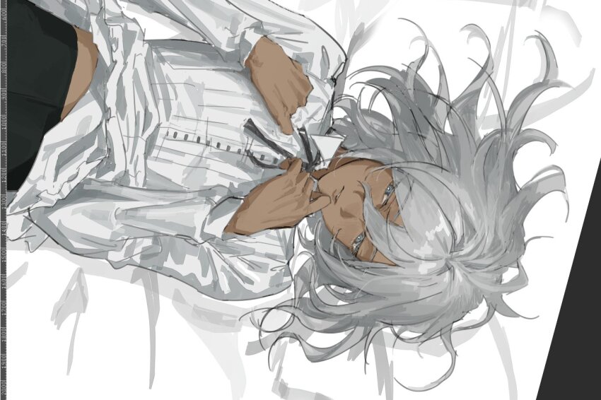 1boy arms_up art_program_in_frame bishounen black_necktie black_pants collared_shirt commentary cowboy_shot dark-skinned_male dark_skin dontdespair365 grey_eyes grey_hair hair_between_eyes looking_to_the_side lying male_focus medium_hair metaphor:_refantazio midriff_peek necktie on_back pants parted_lips shirt sideways_glance solo the_prince_(metaphor:_refantazio) white_shirt wing_collar