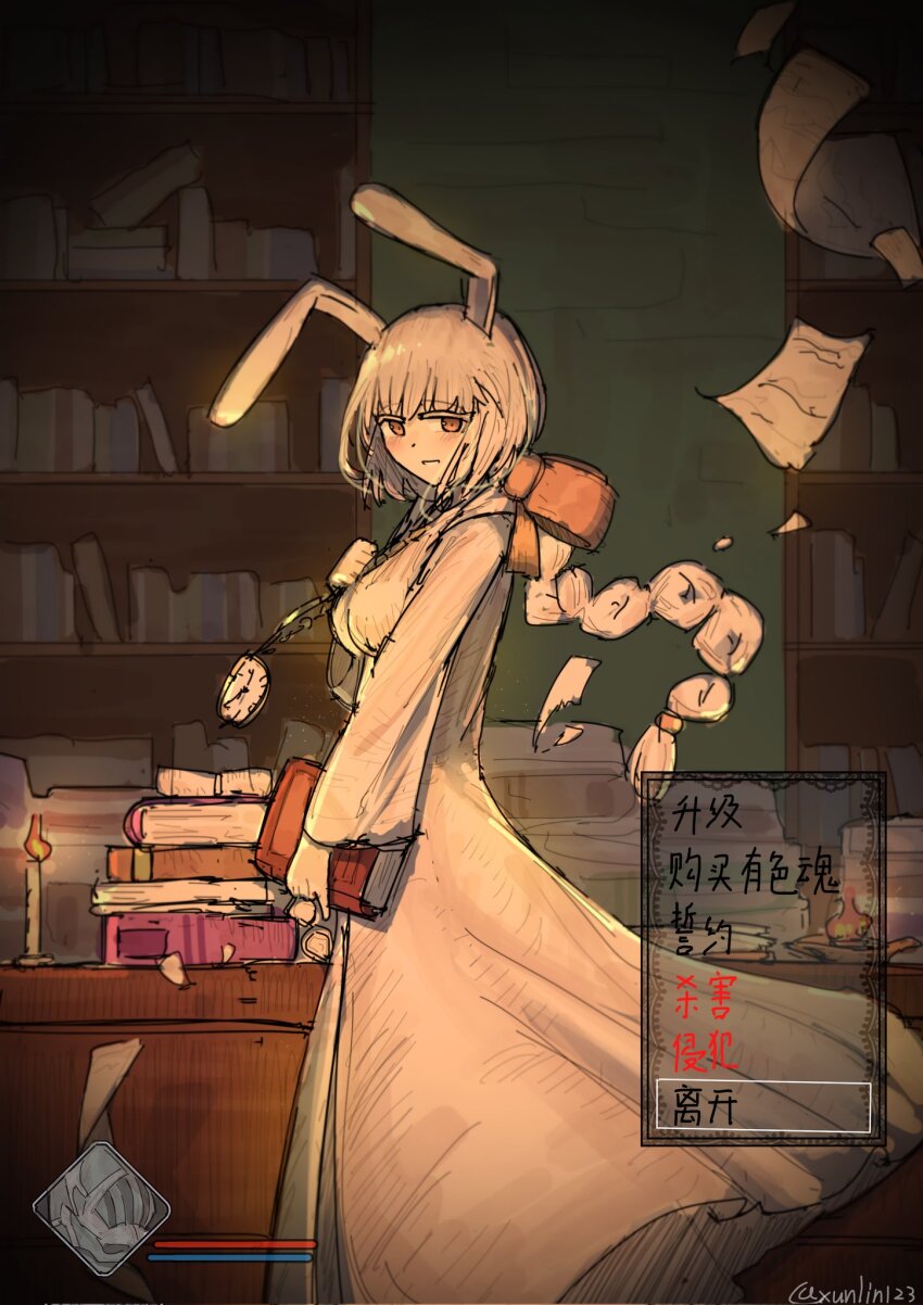 1boy 1girl animal_ears black_souls black_souls_2 blush book bookshelf bow braid breasts candle candlelight clock_necklace dress floppy_ears from_side grimm_(black_souls) happy highres holding holding_book library long_hair long_sleeves looking_at_viewer node_(black_souls) orange_bow pages rabbit_ears sidelocks white_dress white_hair xun_lin_(pixiv_93392103) yellow_eyes