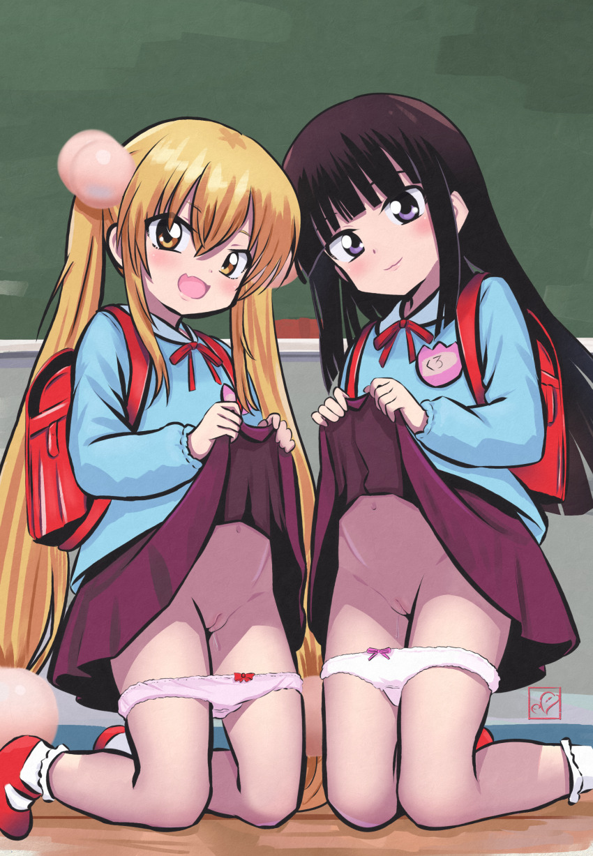 2girls absurdres backpack bag black_hair blonde_hair bow bow_panties cleft_of_venus clothes_lift commentary elementary_(lolipope) highres kagami_kuro kneeling kodomo_no_jikan kokonoe_rin lifting_own_clothes loli long_hair multiple_girls panties panty_pull pussy randoseru skirt skirt_lift twintails underwear