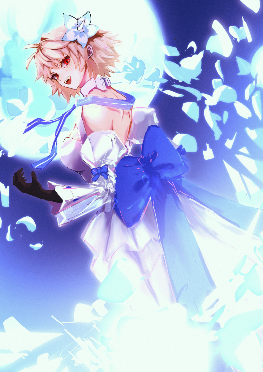 1girl absurdres archetype_earth arcueid_brunestud arcueid_brunestud_(mooncancer) bare_shoulders black_gloves blonde_hair blue_moon blue_ribbon detached_sleeves dress falling_petals fate/grand_order fate_(series) field flower flower_field full_moon gloves hair_ornament highres looking_at_viewer looking_back moon night petals ramune_otubu red_eyes ribbon short_hair smile tsukihime white_dress