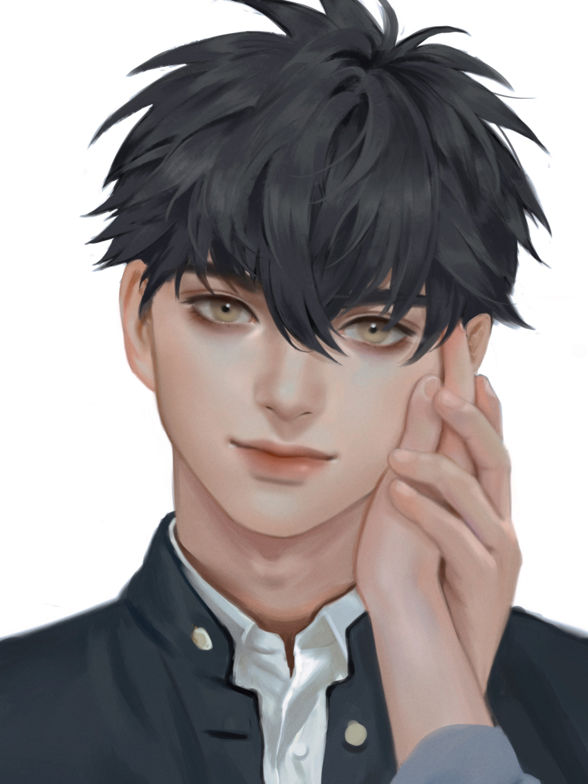 1boy 1girl black_hair black_jacket blue_sleeves buttons chinese_commentary closed_mouth collared_jacket collared_shirt commentary_request female_pov fingernails gakuran green_eyes hair_between_eyes hand_on_another&#039;s_cheek hand_on_another&#039;s_face hand_on_hand highres jacket light_smile lips long_sleeves male_focus messy_hair open_clothes open_jacket original photoshop_(medium) pov red_lips school_uniform shirt short_hair simple_background thick_eyebrows upper_body white_background white_shirt youlizi-yuri