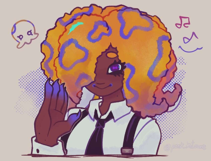 1girl beamed_eighth_notes black_necktie black_suspenders cephalopod_eyes collared_shirt dark-skinned_female dark_skin eighth_note hair_over_one_eye halftone hand_up long_sleeves musical_note necktie nintendo orange_hair patterned_hair purple_eyes satans_k1tty shirt smile solo splatoon_(series) splatoon_3 tao_blu tentacle_hair white_shirt