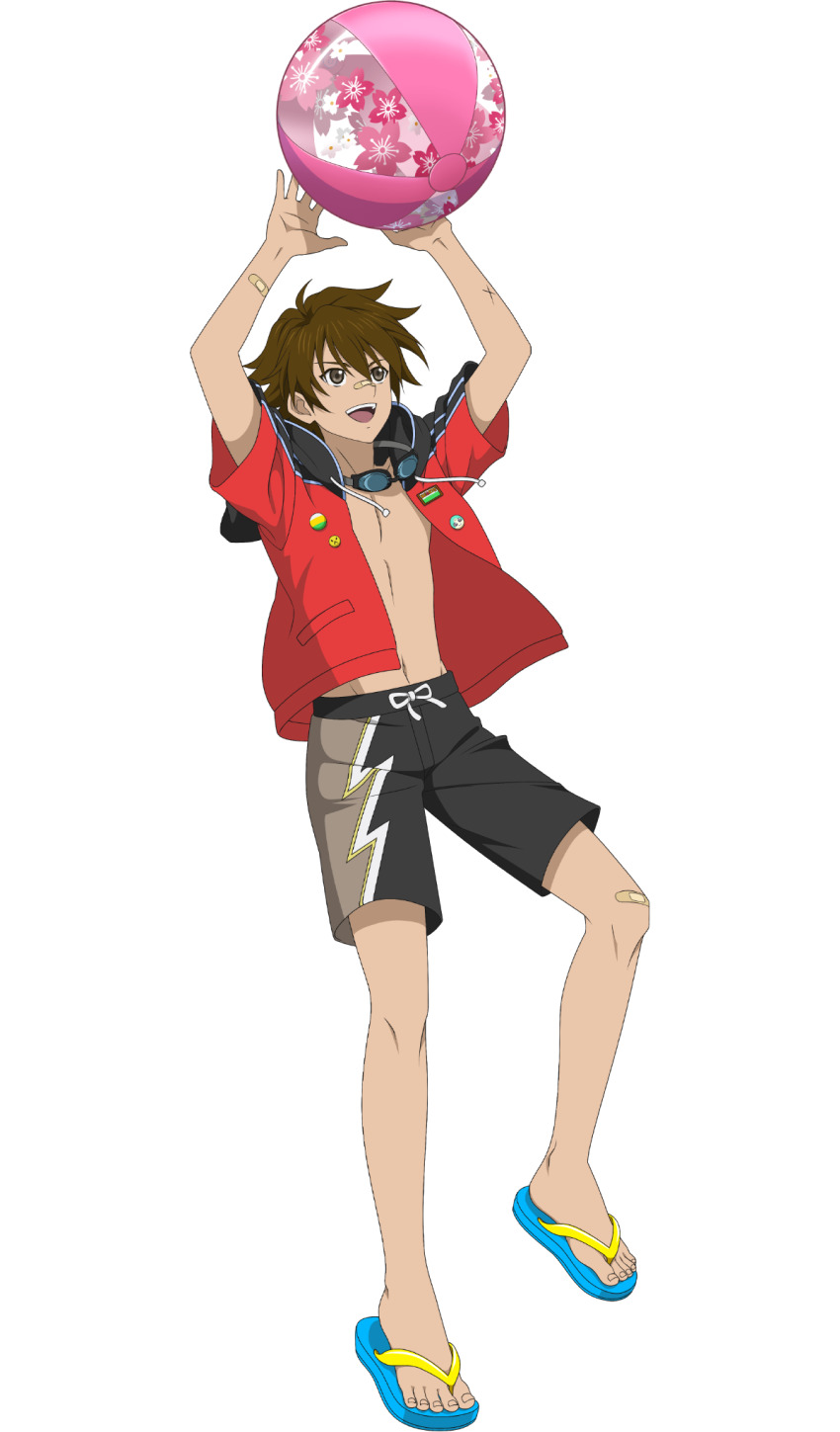 1boy ahoge arms_up artist_request ball bandaid bandaid_on_arm bandaid_on_face bandaid_on_knee bandaid_on_leg bandaid_on_nose beachball black_male_swimwear black_swim_trunks blue_sandals brown_eyes brown_hair commentary english_commentary feet flip-flops full_body goggles goggles_around_neck hair_between_eyes hands_up highres hood hoodie kor_meteor legs male_swimwear midriff_peek navel official_art open_clothes open_hoodie open_shirt red_hoodie sandals solo swim_trunks swimsuit tales_of_(series) tales_of_asteria tales_of_hearts teeth toenails toes topless_male upper_teeth_only