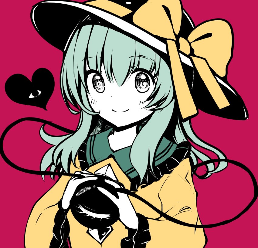 1girl black_hat bow closed_mouth green_eyes green_hair hat hat_bow heart highres komeiji_koishi looking_at_viewer medium_hair rapameri red_background simple_background smile solo third_eye touhou upper_body yellow_bow