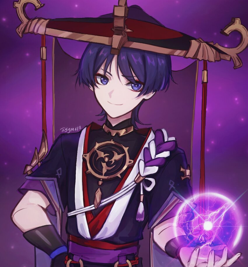 1boy armor black_bodysuit black_hat black_mask black_sleeves blunt_ends bodysuit bright_pupils diffraction_spikes eyeliner eyeshadow furisode genshin_impact gold grey_veil hand_on_own_hip hat highres japanese_armor japanese_clothes jewelry jingasa juban kimono kote kurokote layered_sleeves looking_at_viewer makeup male_focus mandarin_collar mask_on_hat mitsudomoe_(shape) neck_ring o-ring open_clothes open_hand open_kimono orb purple_background purple_electricity purple_eyes purple_hair purple_rope purple_sash purple_sleeves red_eyeliner red_eyeshadow red_hat red_kimono red_sash rope sash scaramouche_(genshin_impact) see-through_clothes see-through_veil sgm618 shimenawa short_sleeves smirk solo tassel tomoe_(symbol) twitter_username two-tone_hat upper_body veil white_kimono white_pupils white_rope wispy_bangs