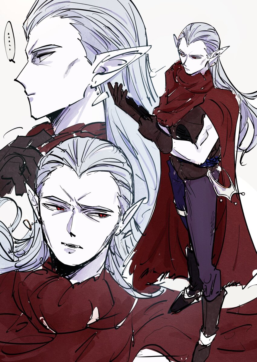 ... 1boy adjusting_clothes adjusting_gloves amakekke boots brown_footwear brown_gloves chrono_trigger cloak earrings full_body furrowed_brow gloves grey_hair hair_slicked_back highres jewelry magus_(chrono_trigger) male_focus multiple_views pants pointy_ears purple_pants red_cloak red_eyes sharp_teeth spoken_ellipsis teeth tooth_earrings upper_body white_background widow&#039;s_peak