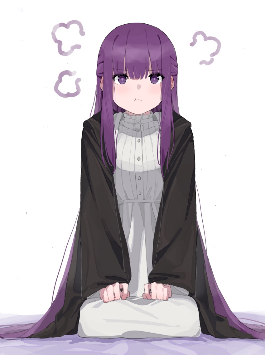 1girl :t absurdres angry black_robe closed_mouth cloud commentary corrupted_twitter_file dress fern_(sousou_no_frieren) frown full_body gown half_updo highres long_hair long_sleeves muina pout puff_of_air purple_eyes purple_hair robe seiza simple_background sitting solo sousou_no_frieren white_background